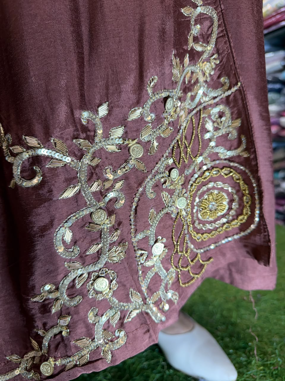 Pure Banaras Mull Chanderi Brown 3pc Set