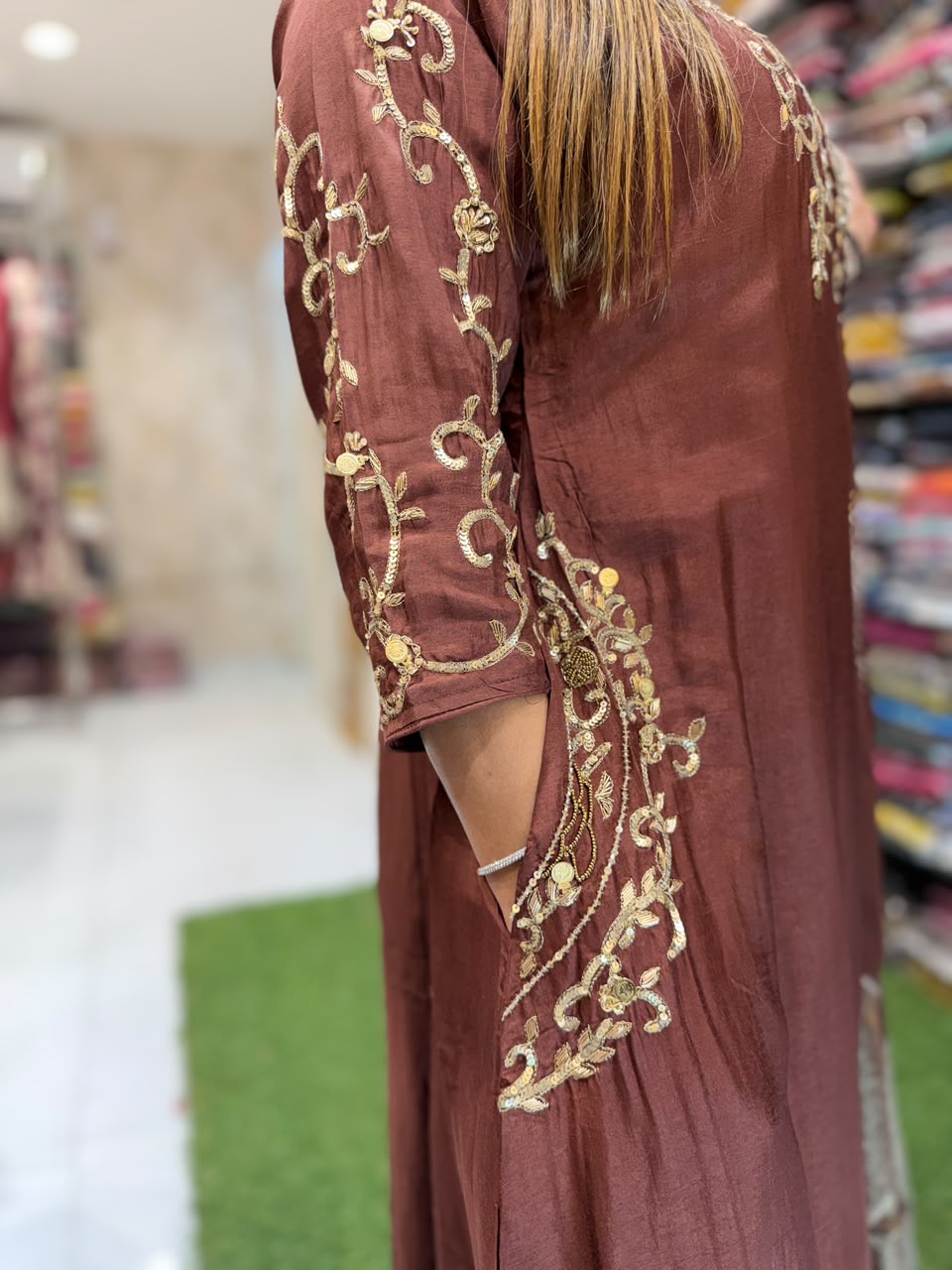 Pure Banaras Mull Chanderi Brown 3pc Set
