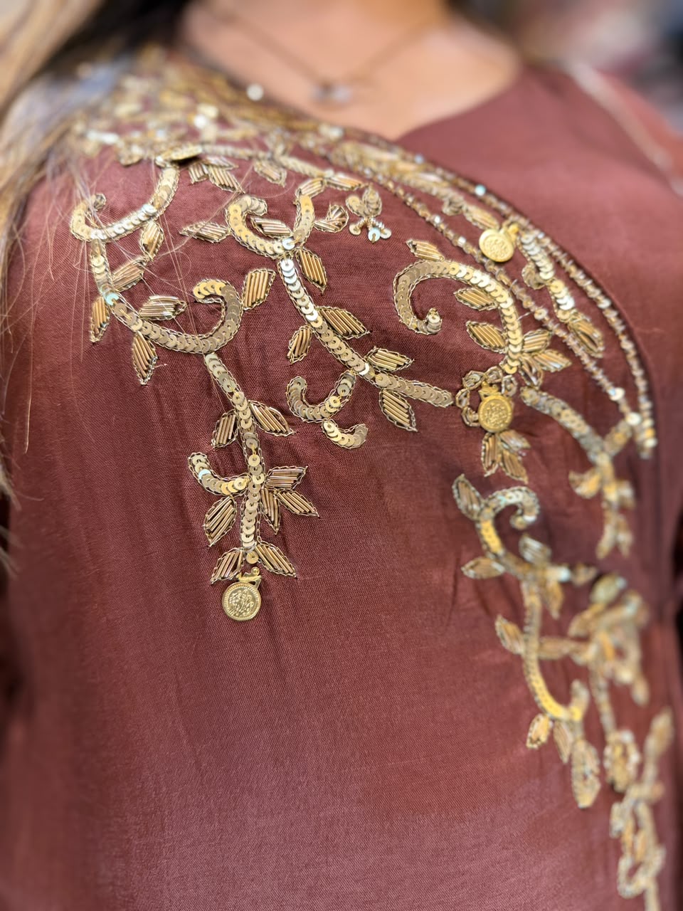 Pure Banaras Mull Chanderi Brown 3pc Set