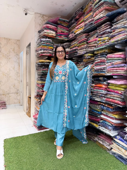 Pure Surat Mull Chanderi Pastle Blue 3pc Set