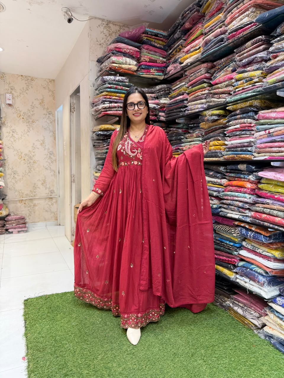 Pure Mull Cotton Cherry Red Anarkali 3pc Set
