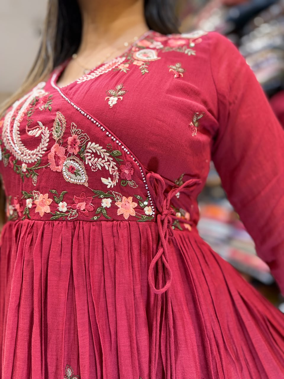 Pure Mull Cotton Cherry Red Anarkali 3pc Set