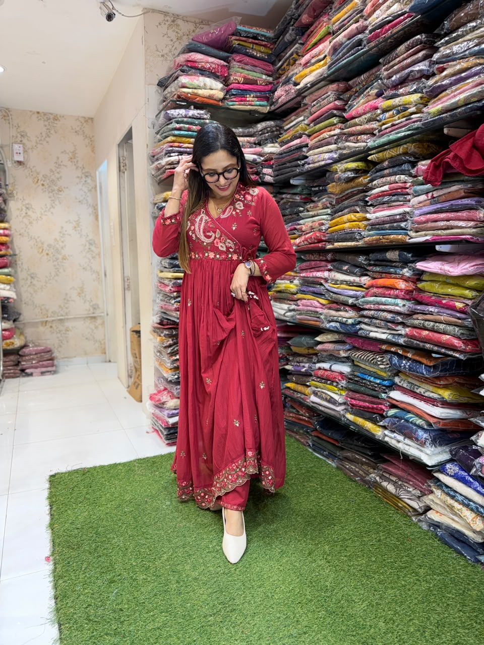 Pure Mull Cotton Cherry Red Anarkali 3pc Set
