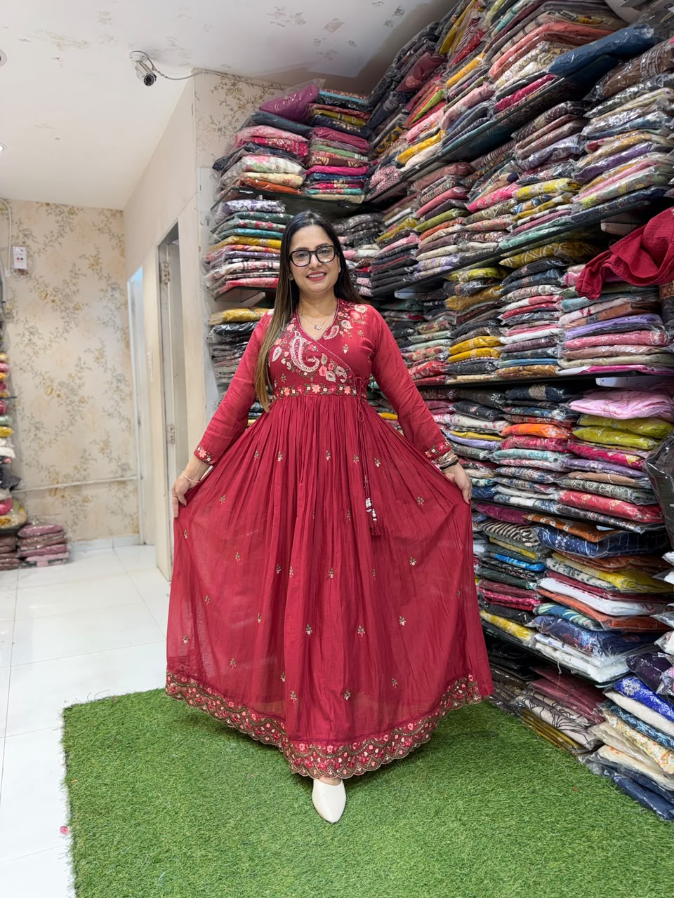 Pure Mull Cotton Cherry Red Anarkali 3pc Set