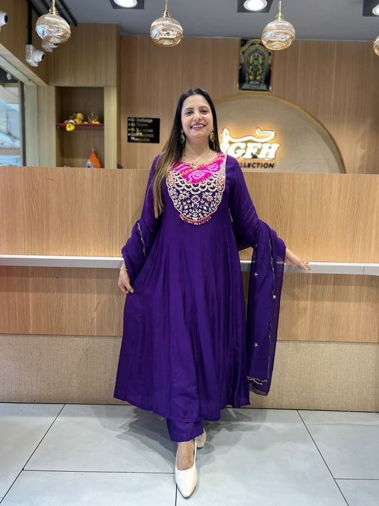 Pure Dola Silk Anarkali Purple 3pc Set