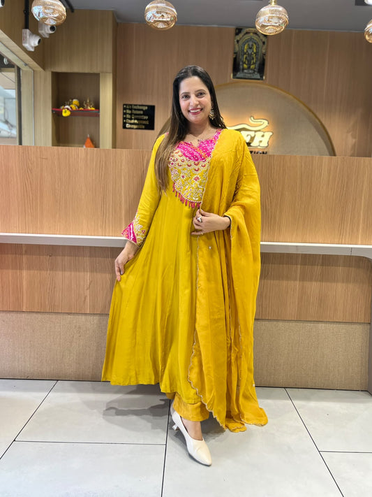 Pure Dola Silk Anarkali Yellow 3pc Set