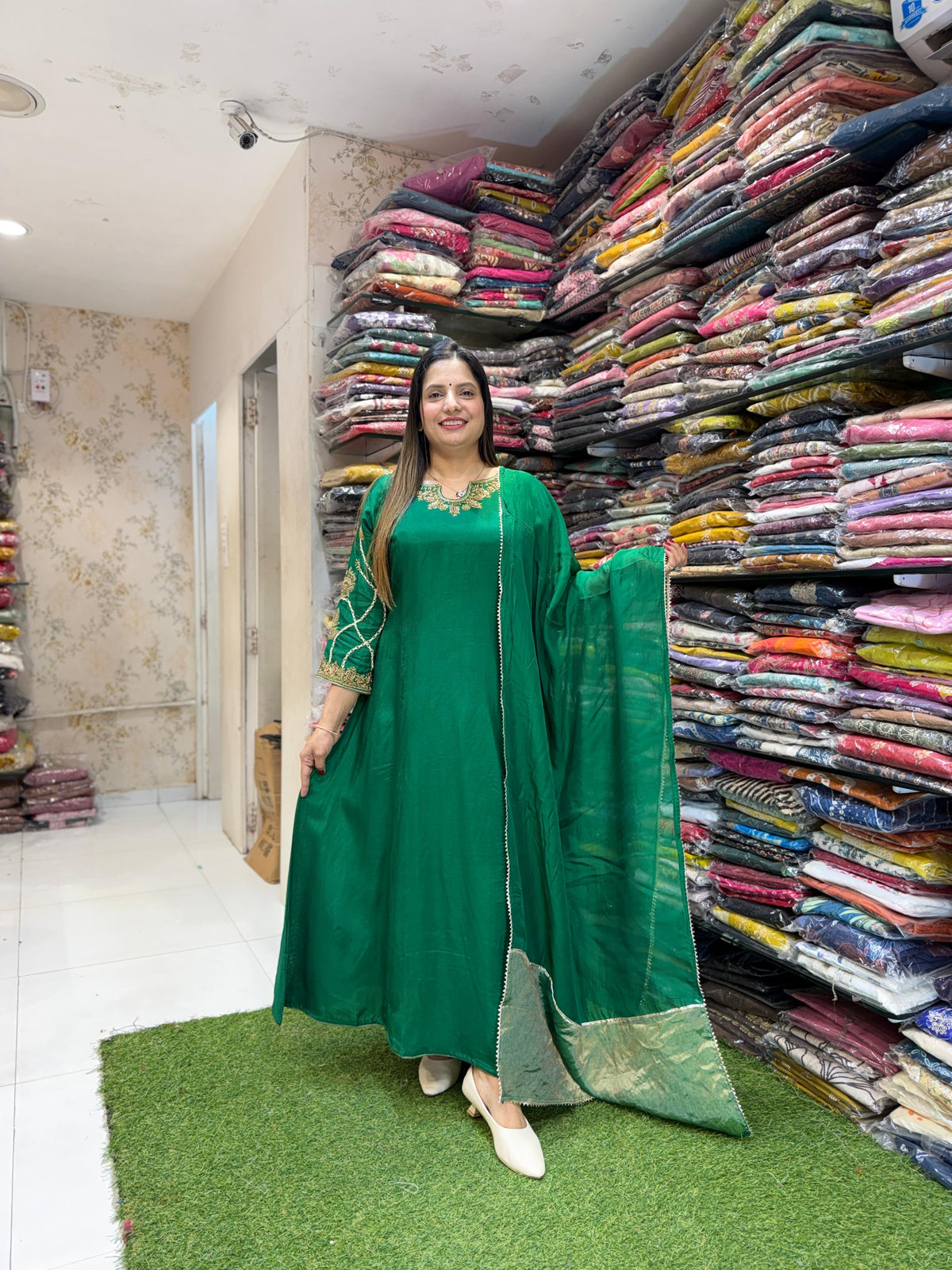 Pure Dola Silk Green A Line Anarkali 3pc Set