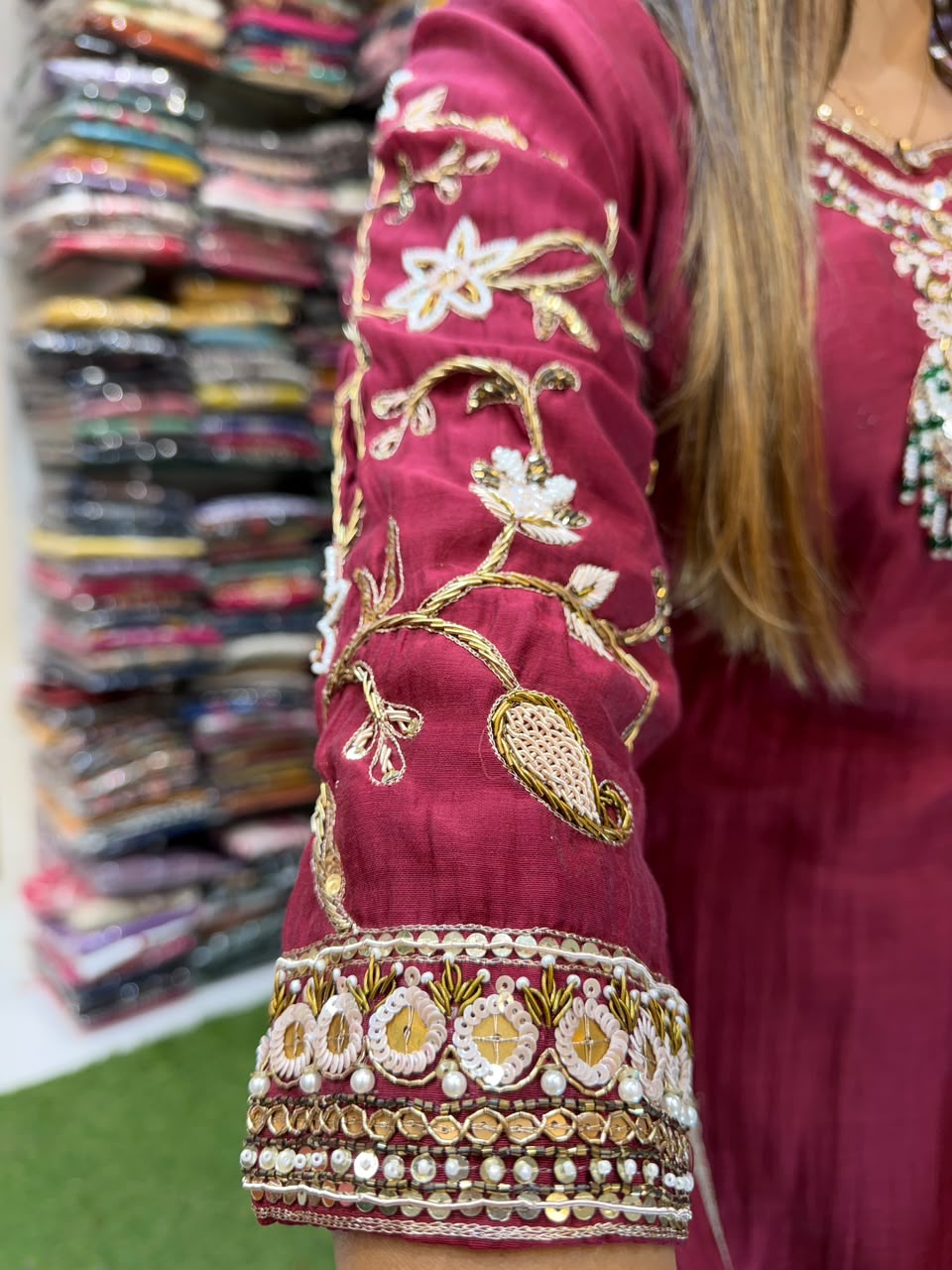 Pure Banaras Mull Chanderi Maroon 3pc Set