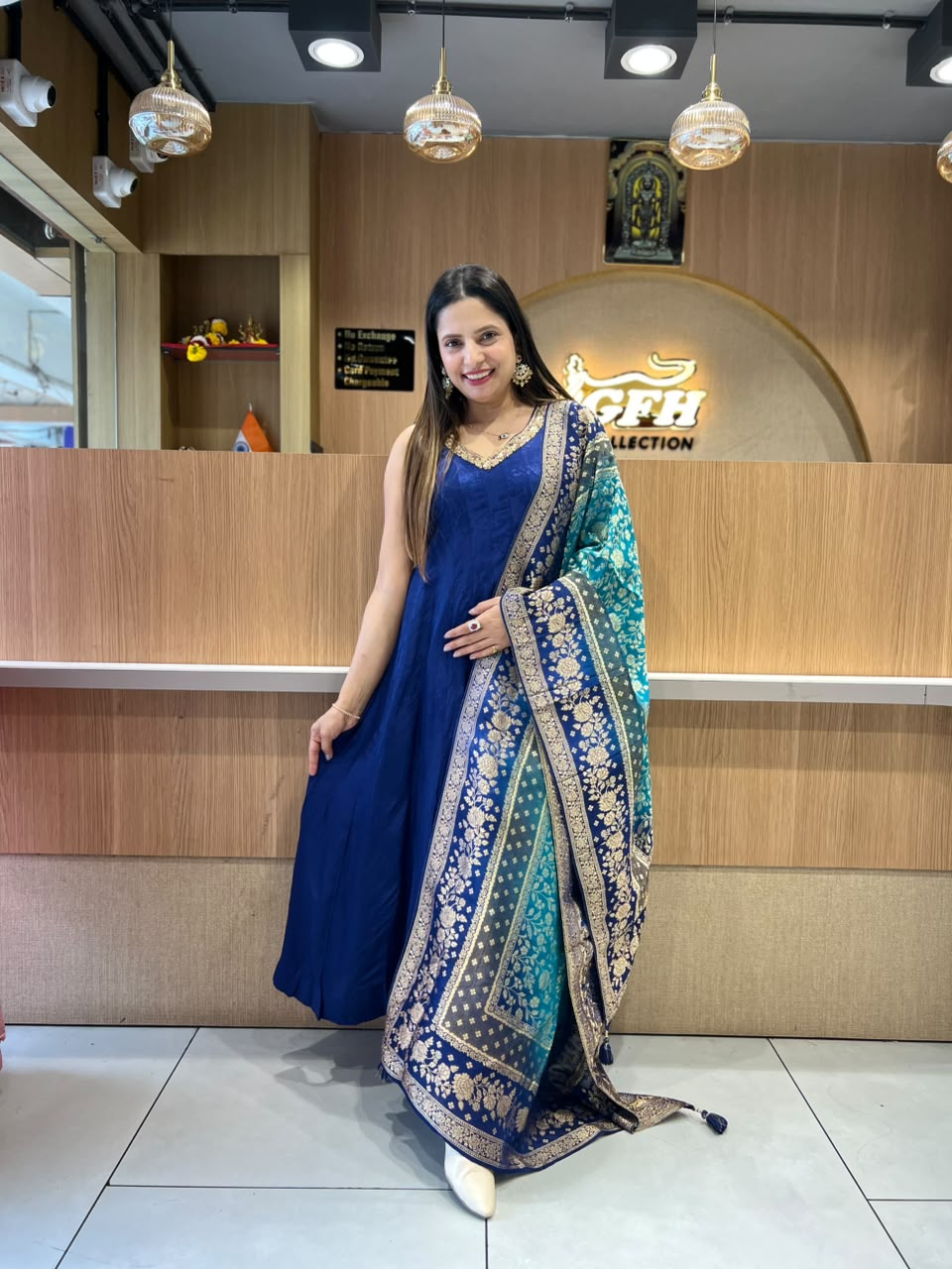 Pure Dola Silk Jacquard Print Royal Blue 3pc Set