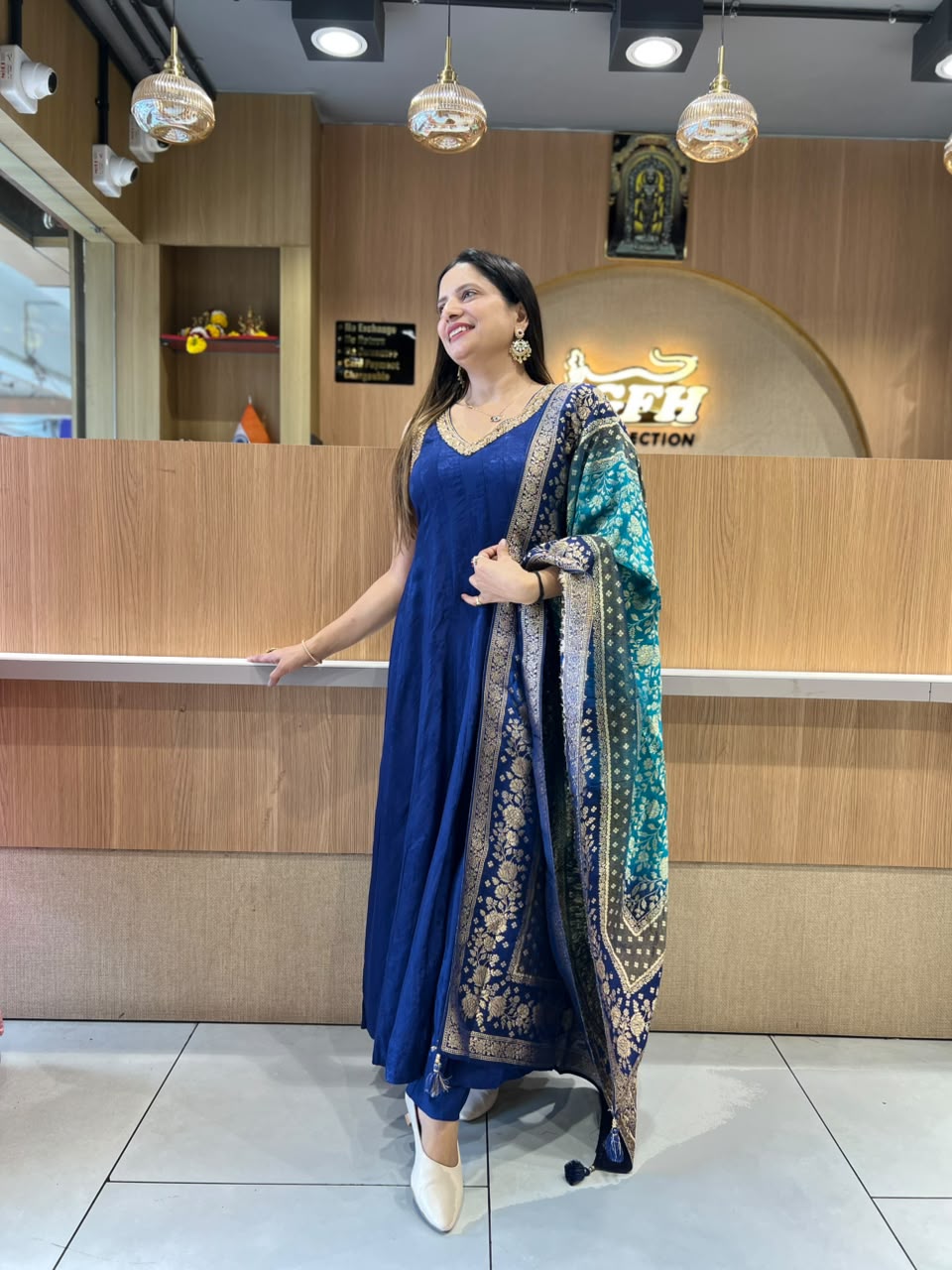Pure Dola Silk Jacquard Print Royal Blue 3pc Set