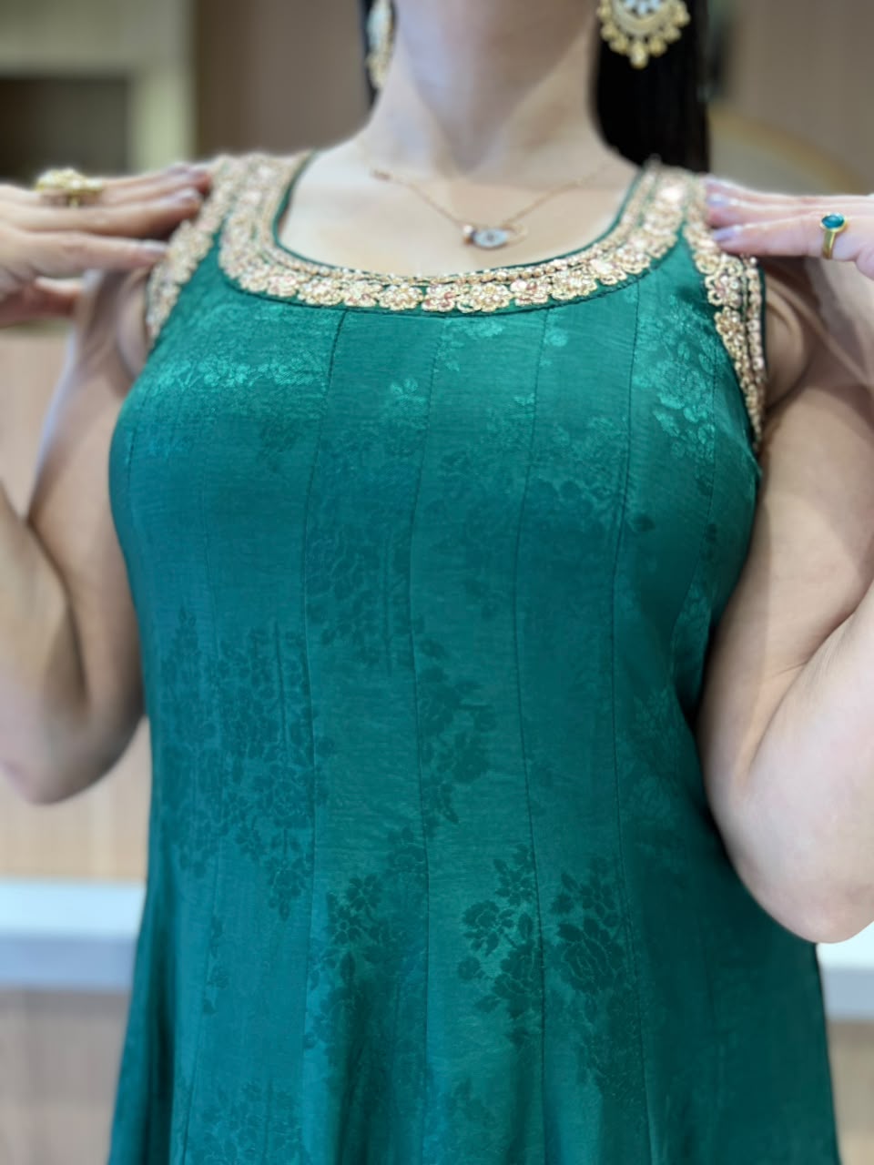 Pure Dola Silk Jacquard Print Bottle Green 3pc Set