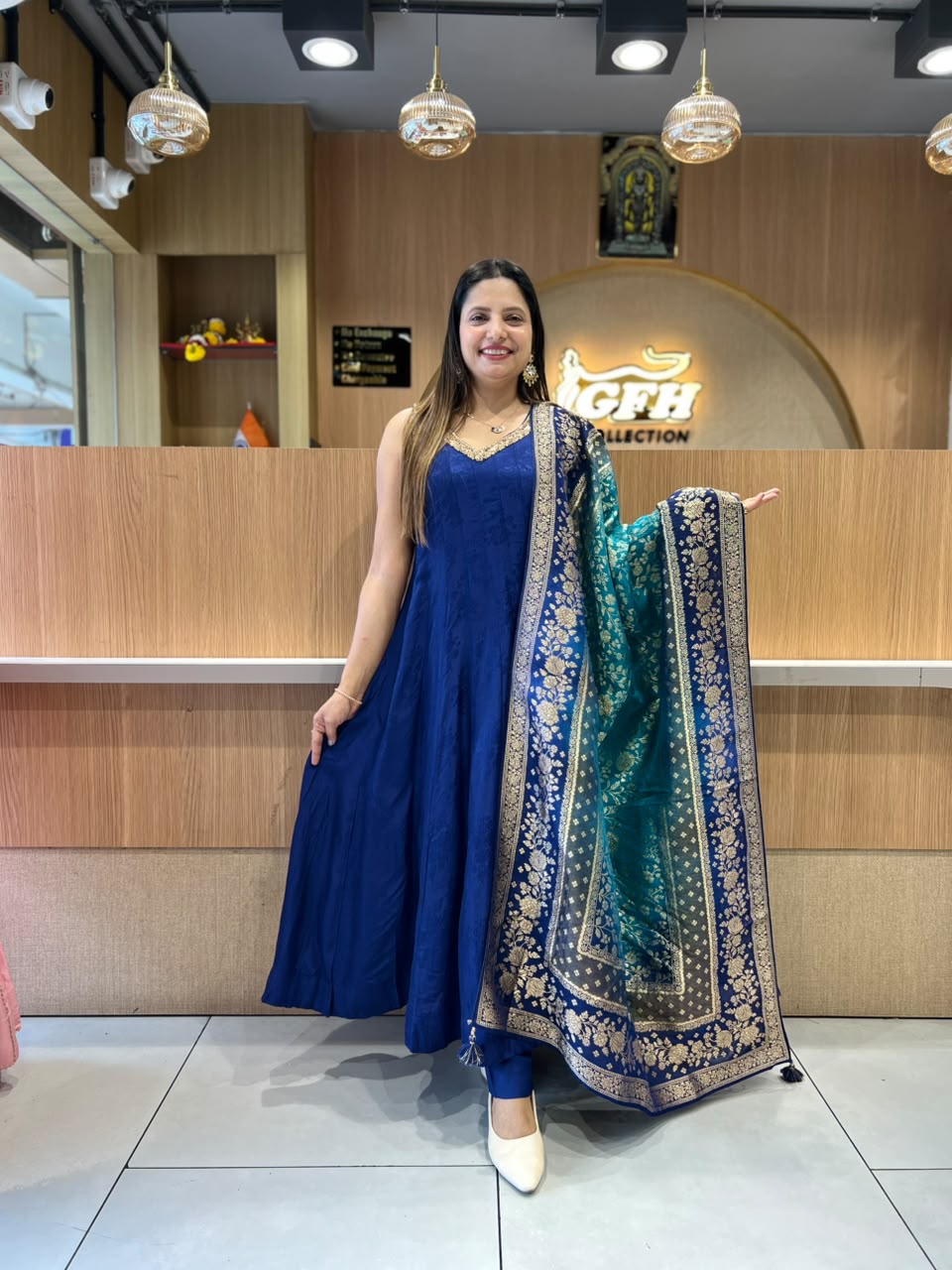 Pure Dola Silk Jacquard Print Royal Blue 3pc Set