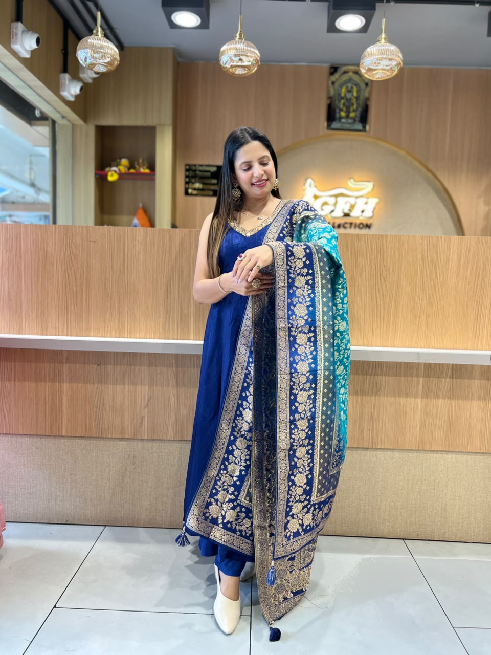 Pure Dola Silk Jacquard Print Royal Blue 3pc Set