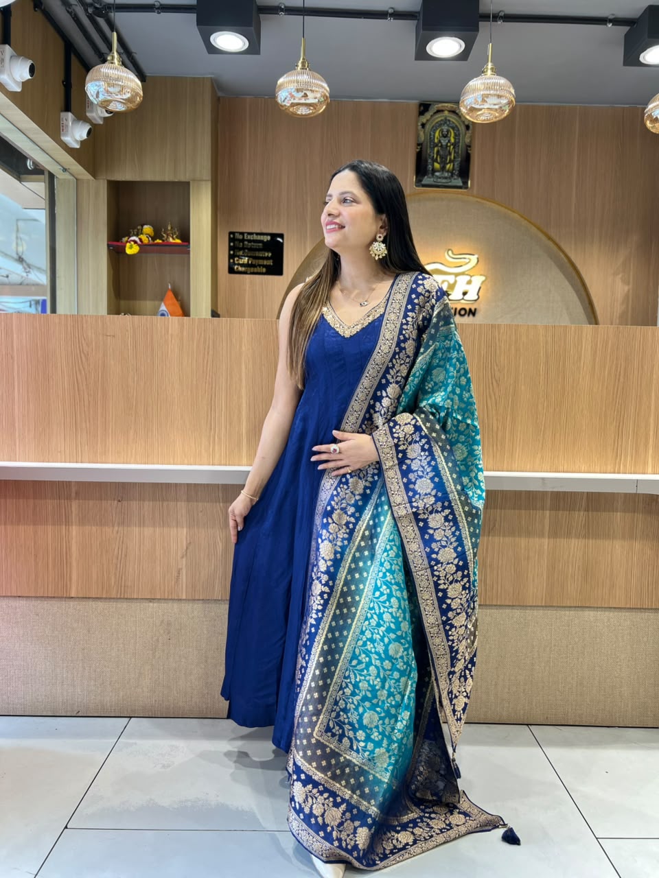 Pure Dola Silk Jacquard Print Royal Blue 3pc Set