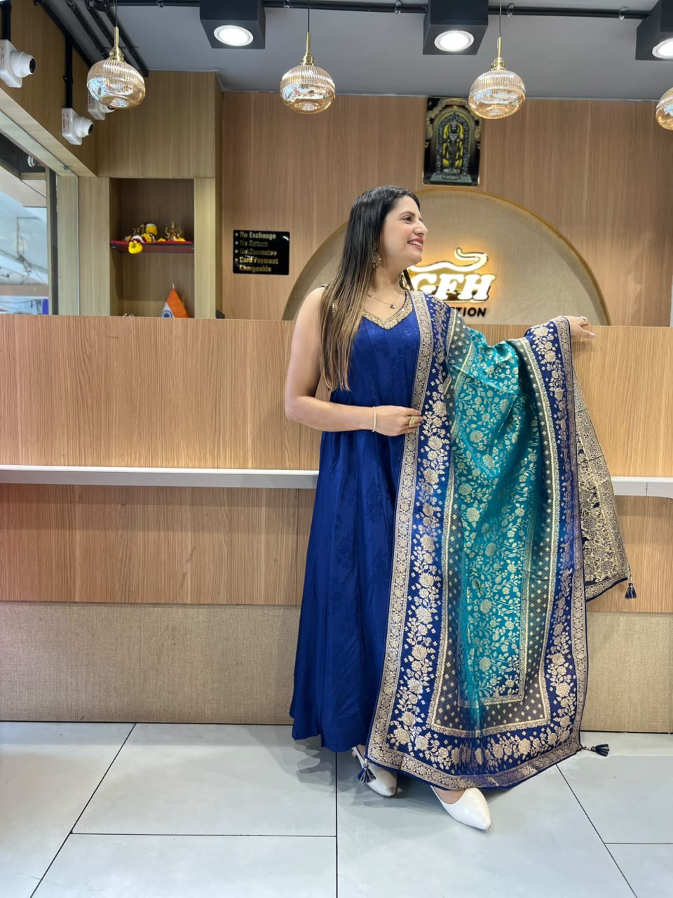 Pure Dola Silk Jacquard Print Royal Blue 3pc Set