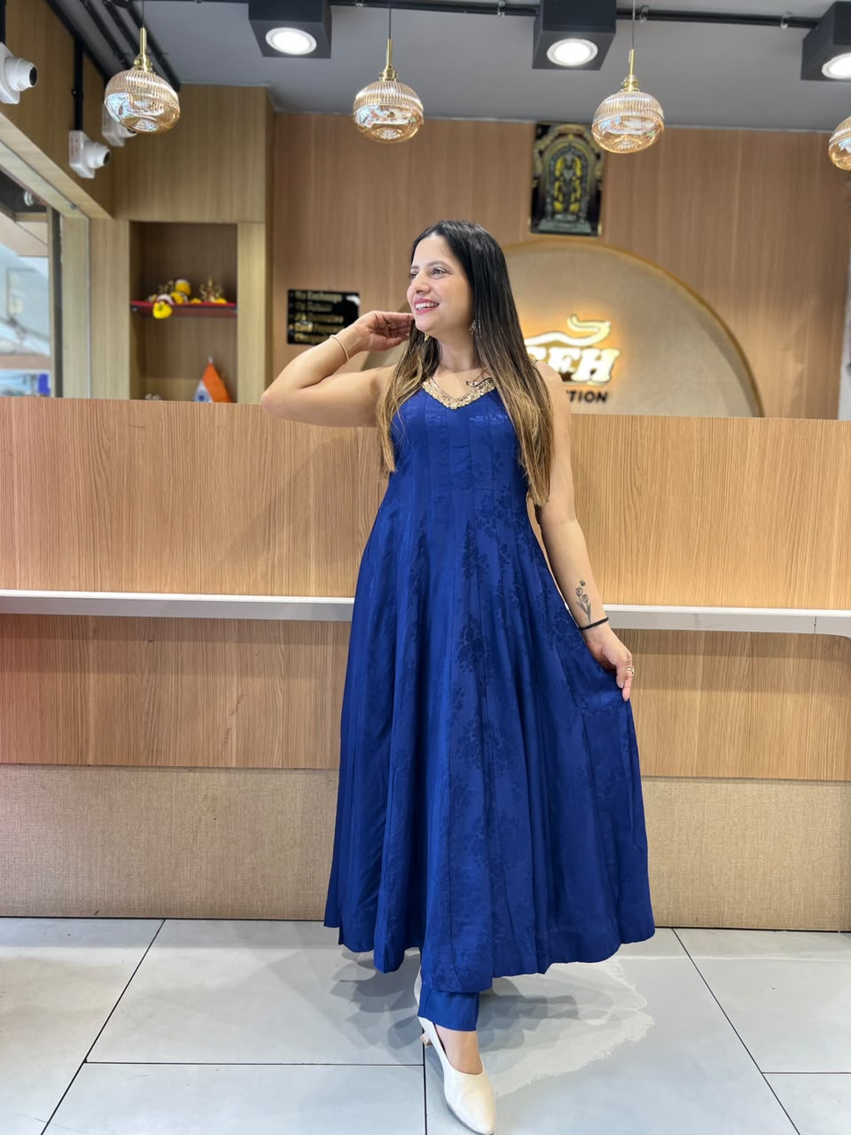 Pure Dola Silk Jacquard Print Royal Blue 3pc Set