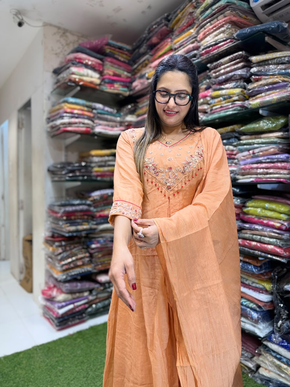 Pure Banaras Mull Chanderi Peach 3pc Set