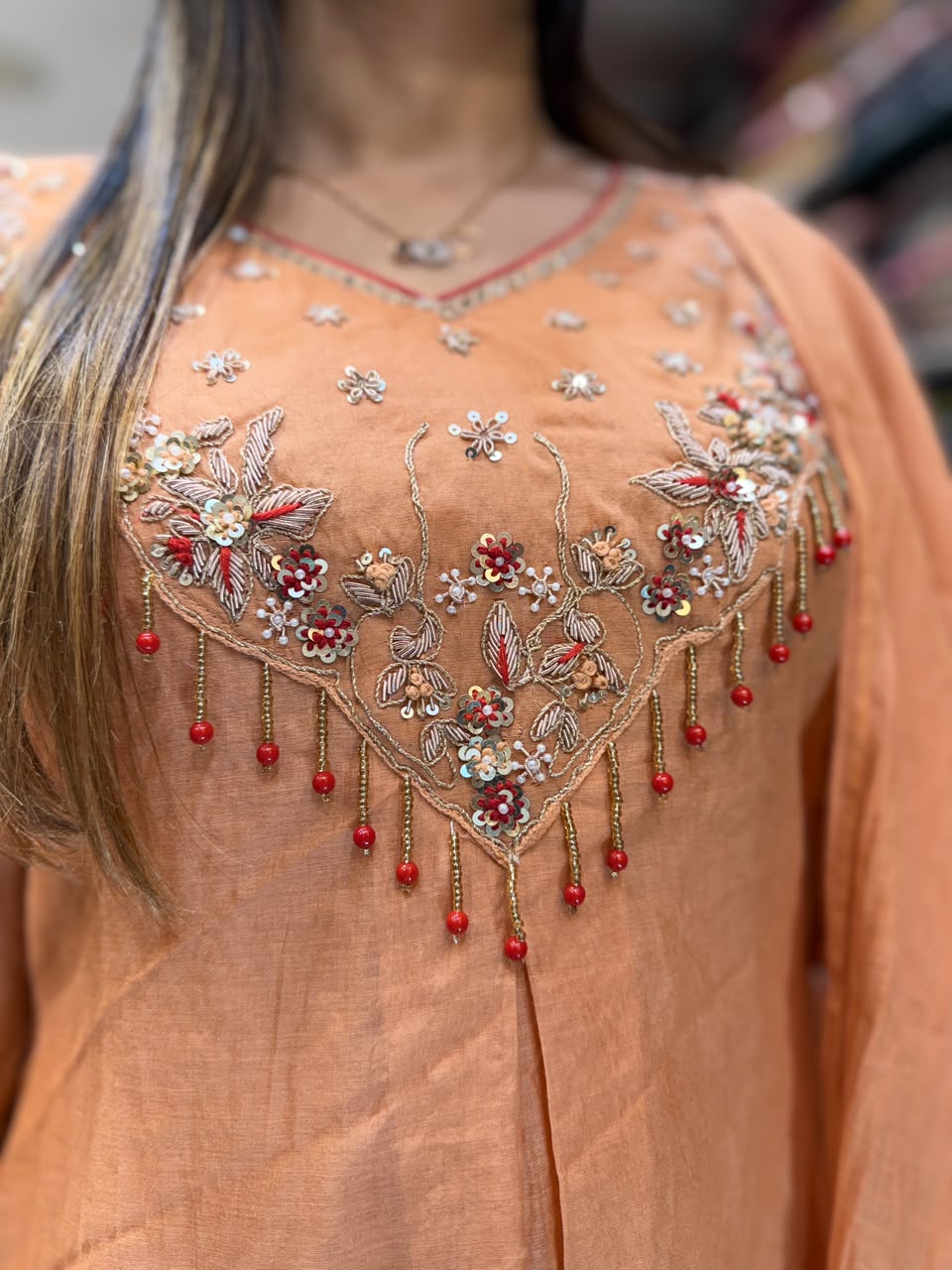 Pure Banaras Mull Chanderi Peach 3pc Set