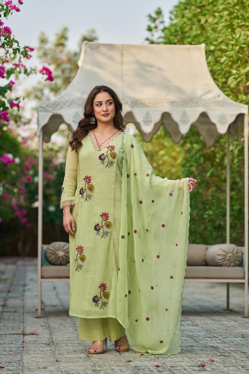 Pure Crush Banaras Mull Chanderi Pista Green 3pc Set
