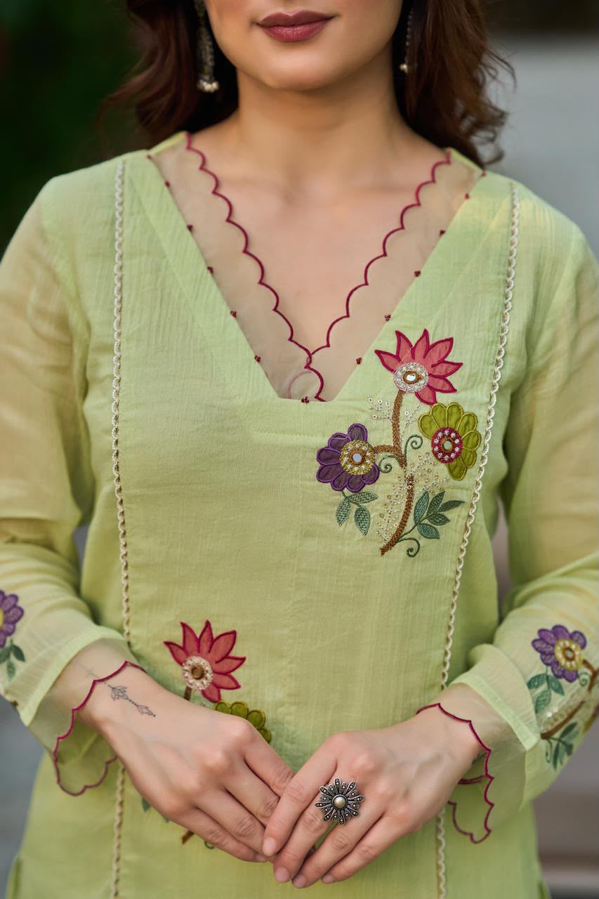 Pure Crush Banaras Mull Chanderi Pista Green 3pc Set