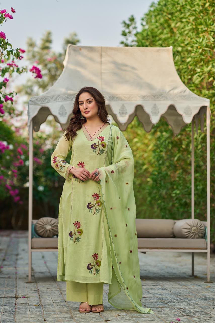 Pure Crush Banaras Mull Chanderi Pista Green 3pc Set