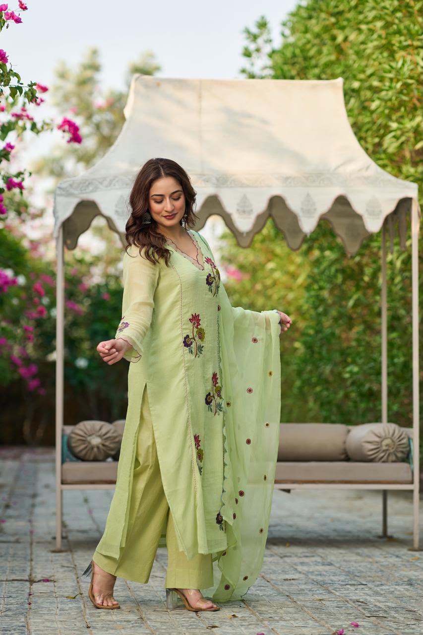 Pure Crush Banaras Mull Chanderi Pista Green 3pc Set