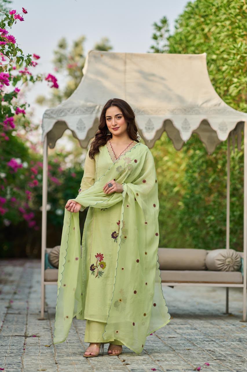 Pure Crush Banaras Mull Chanderi Pista Green 3pc Set