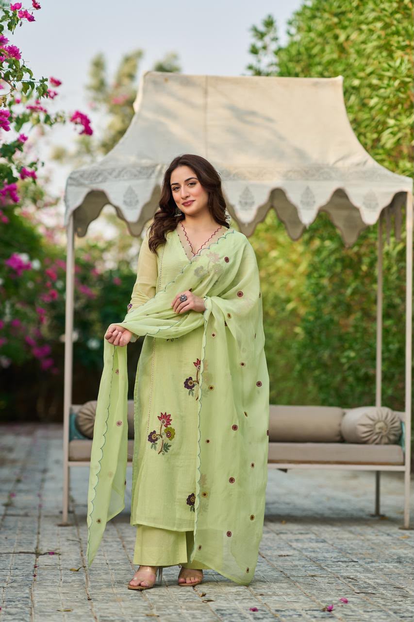 Pure Crush Banaras Mull Chanderi Pista Green 3pc Set