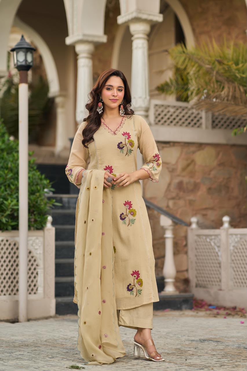 Pure Crush Banaras Mull Chanderi cream of white 3pc Set