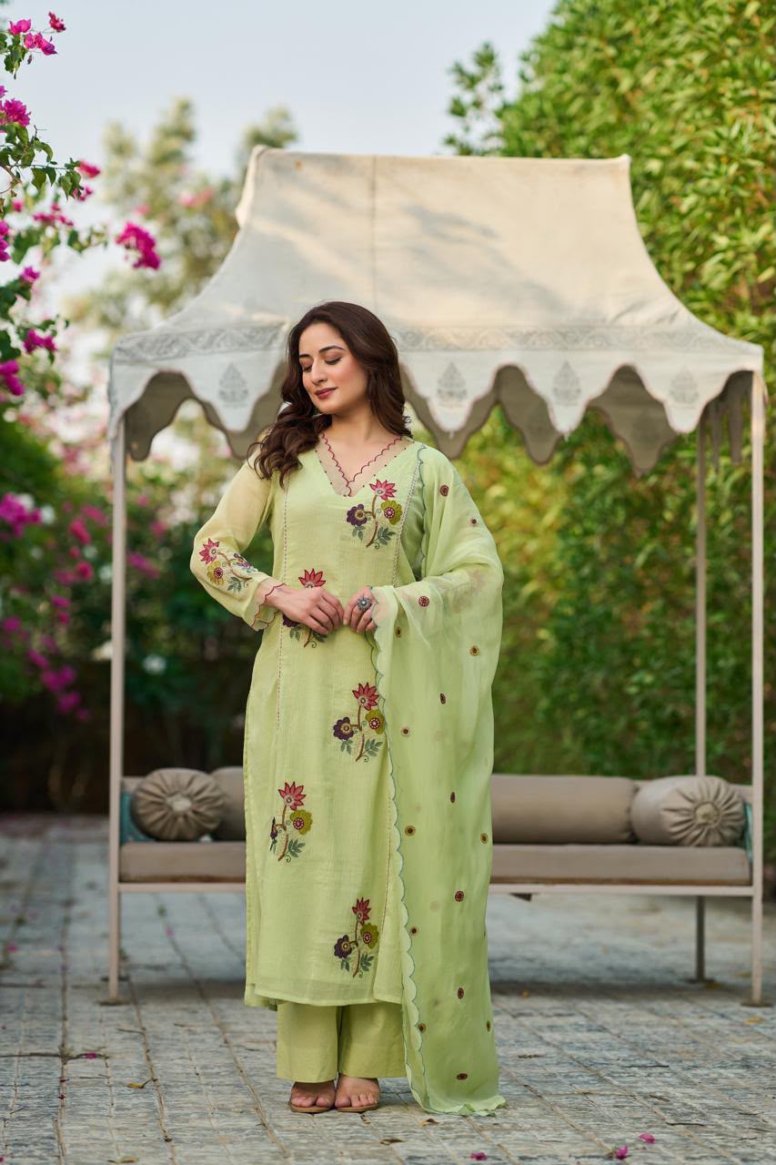 Pure Crush Banaras Mull Chanderi Pista Green 3pc Set