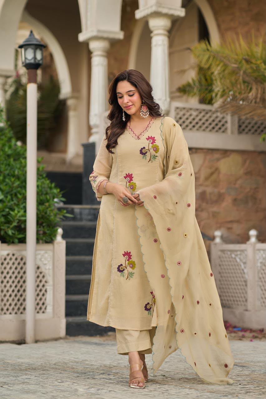 Pure Crush Banaras Mull Chanderi cream of white 3pc Set