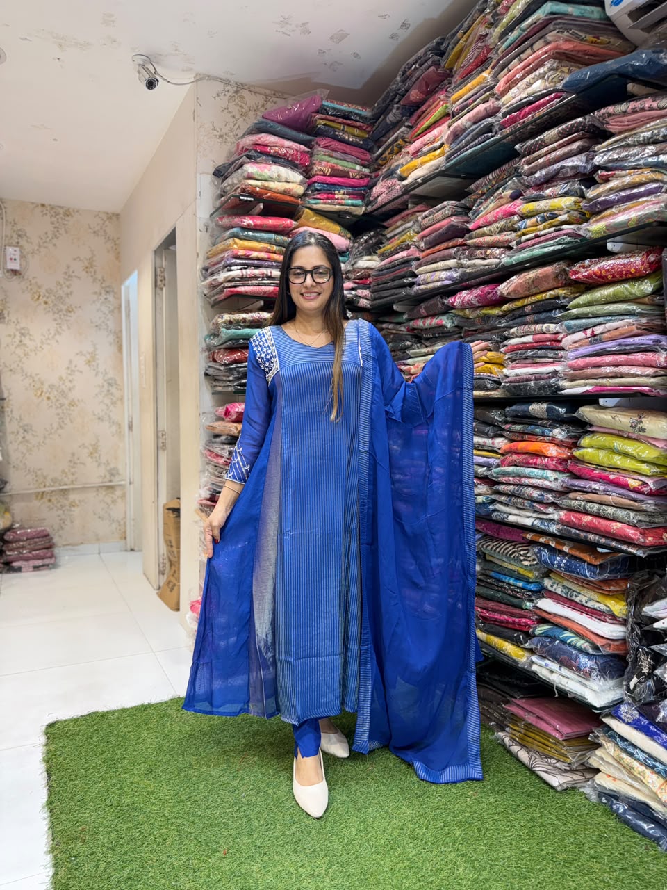Pure Banaras Mull Chanderi Blue 3pc Set