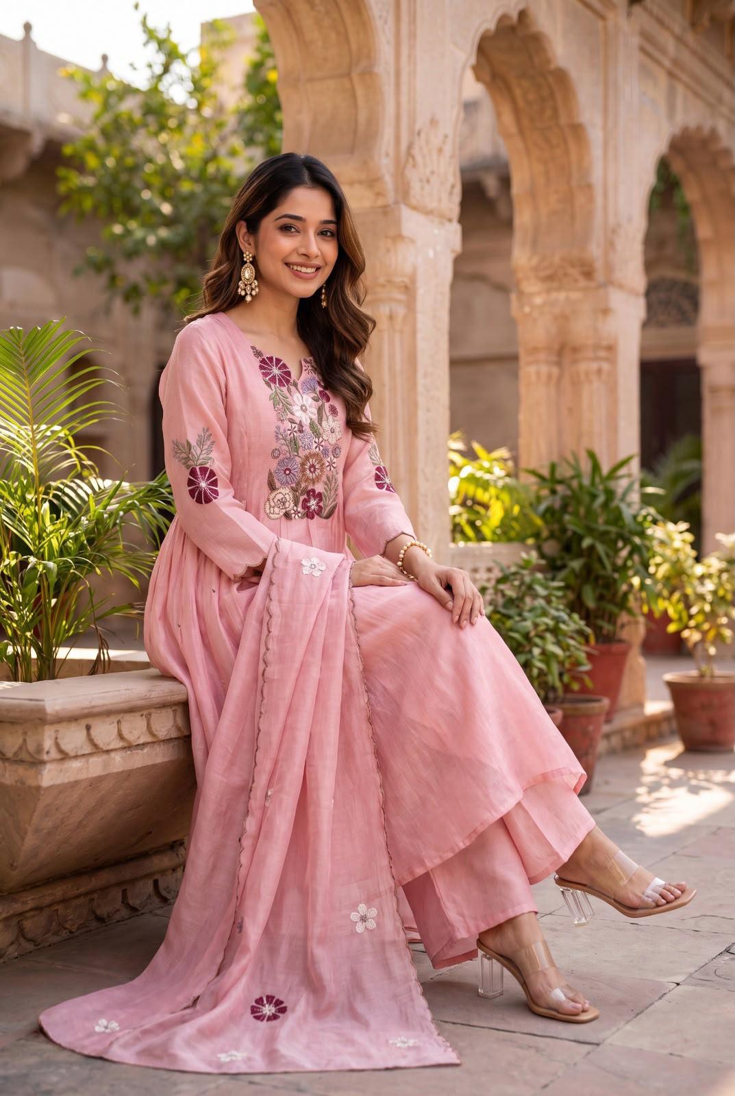 Pure Raw Silk Baby Pink Anarkali 3pc Set