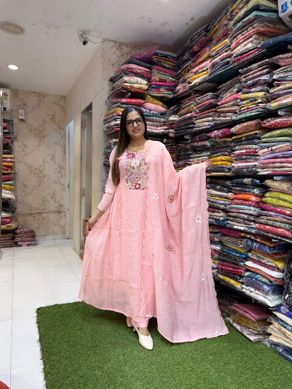 Pure Raw Silk Baby Pink Anarkali 3pc Set