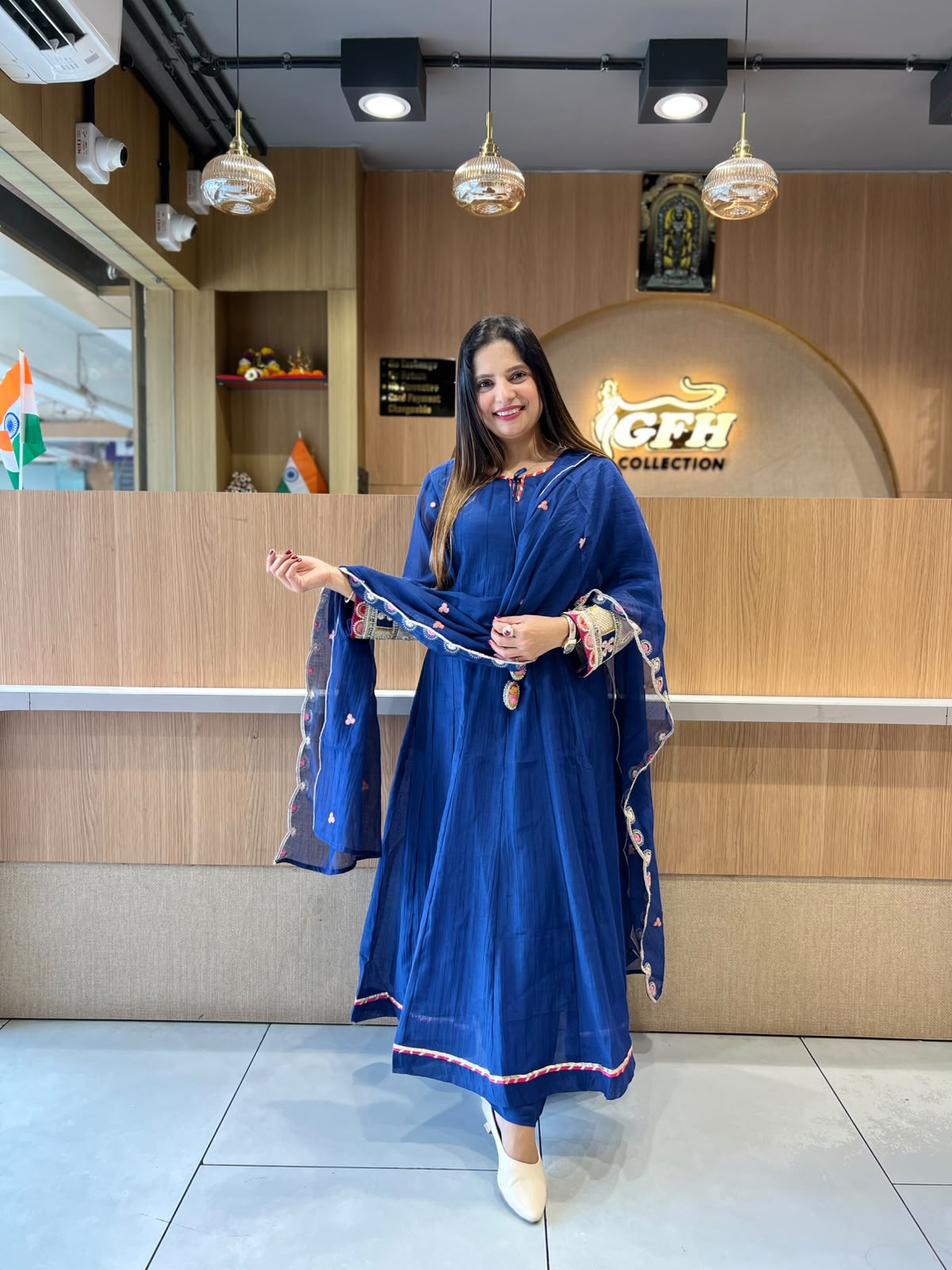 Pure Banaras Mull Chanderi Royal Blue 3pc Set