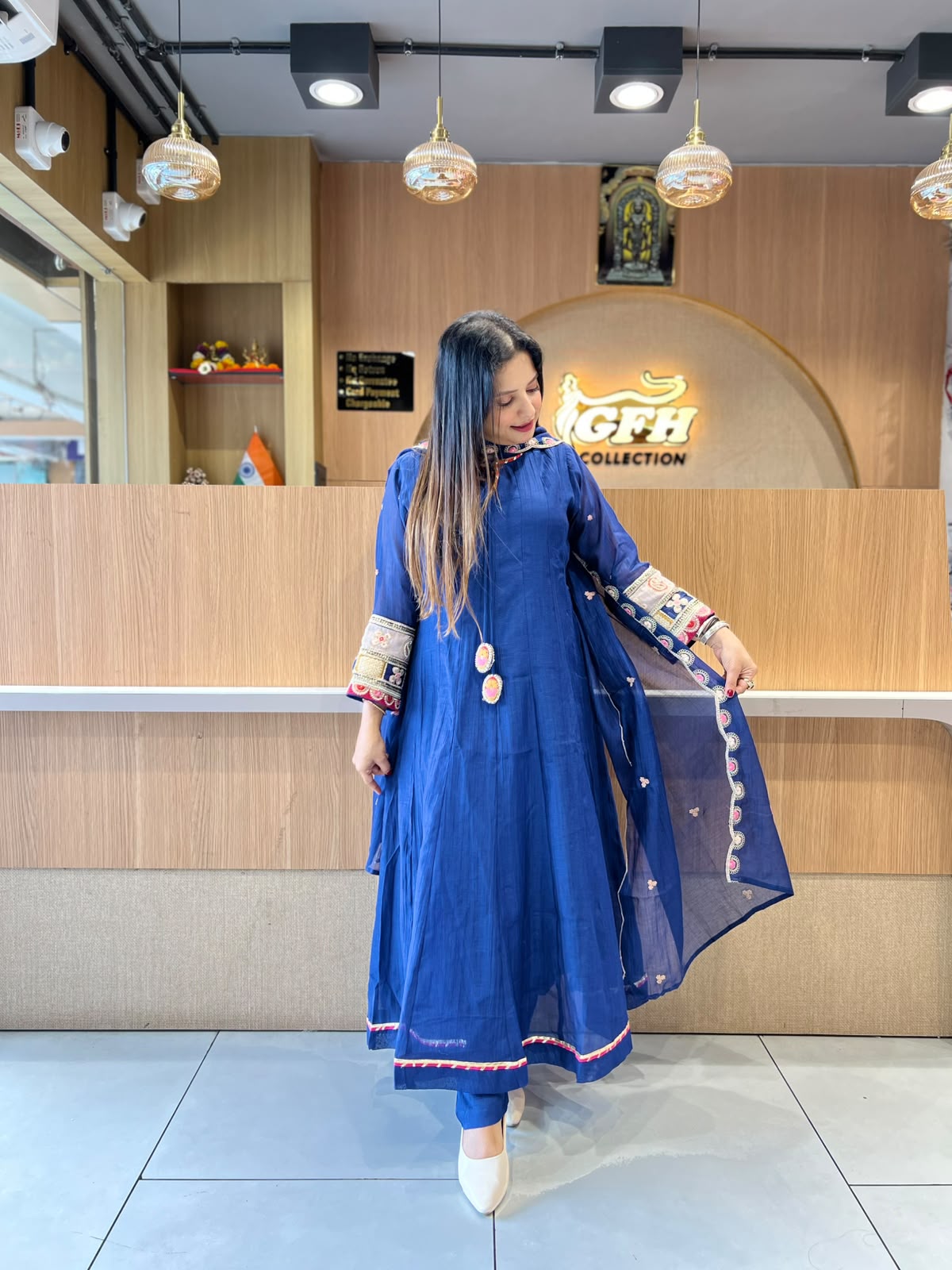 Pure Banaras Mull Chanderi Royal Blue 3pc Set