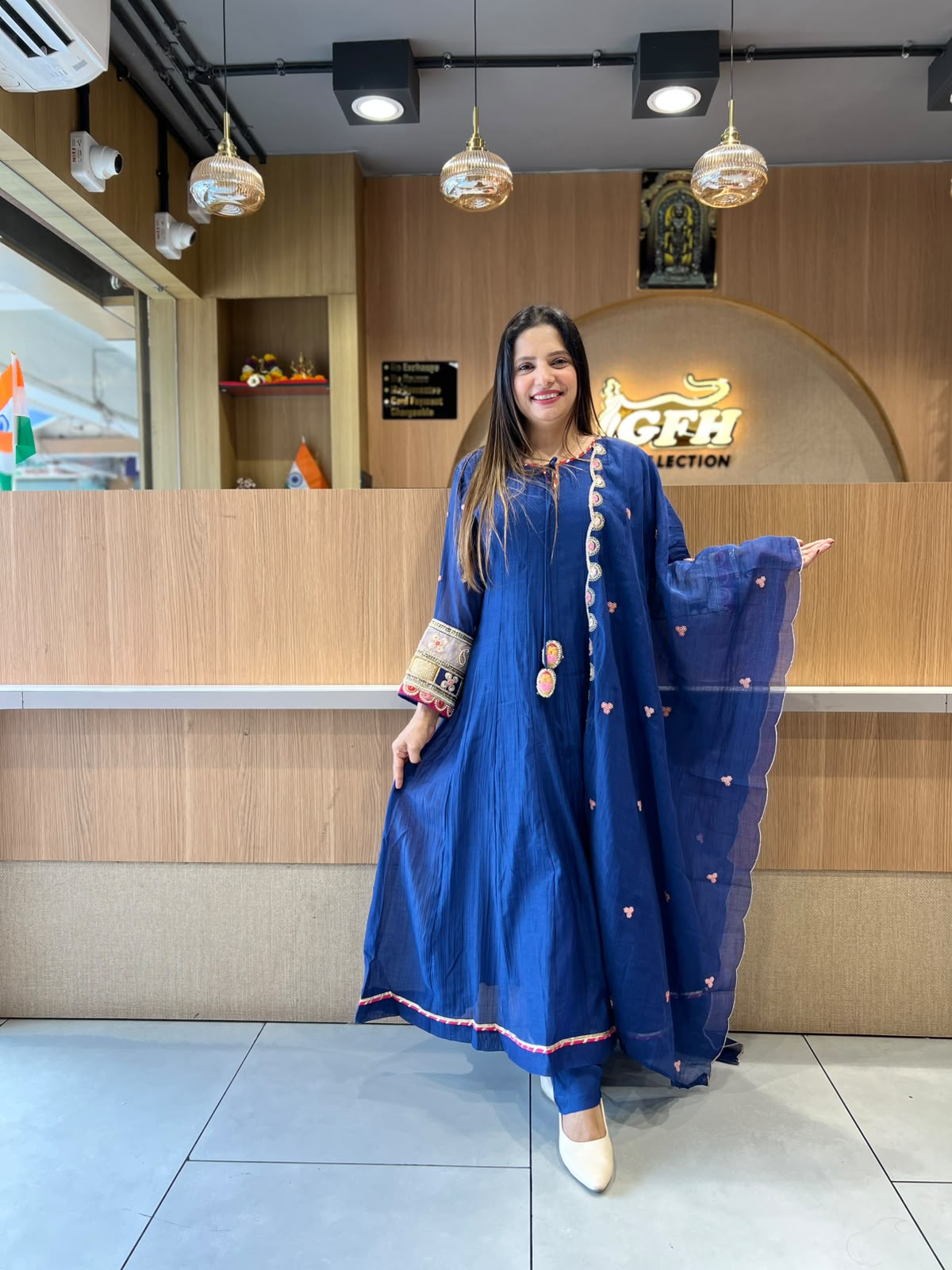 Pure Banaras Mull Chanderi Royal Blue 3pc Set