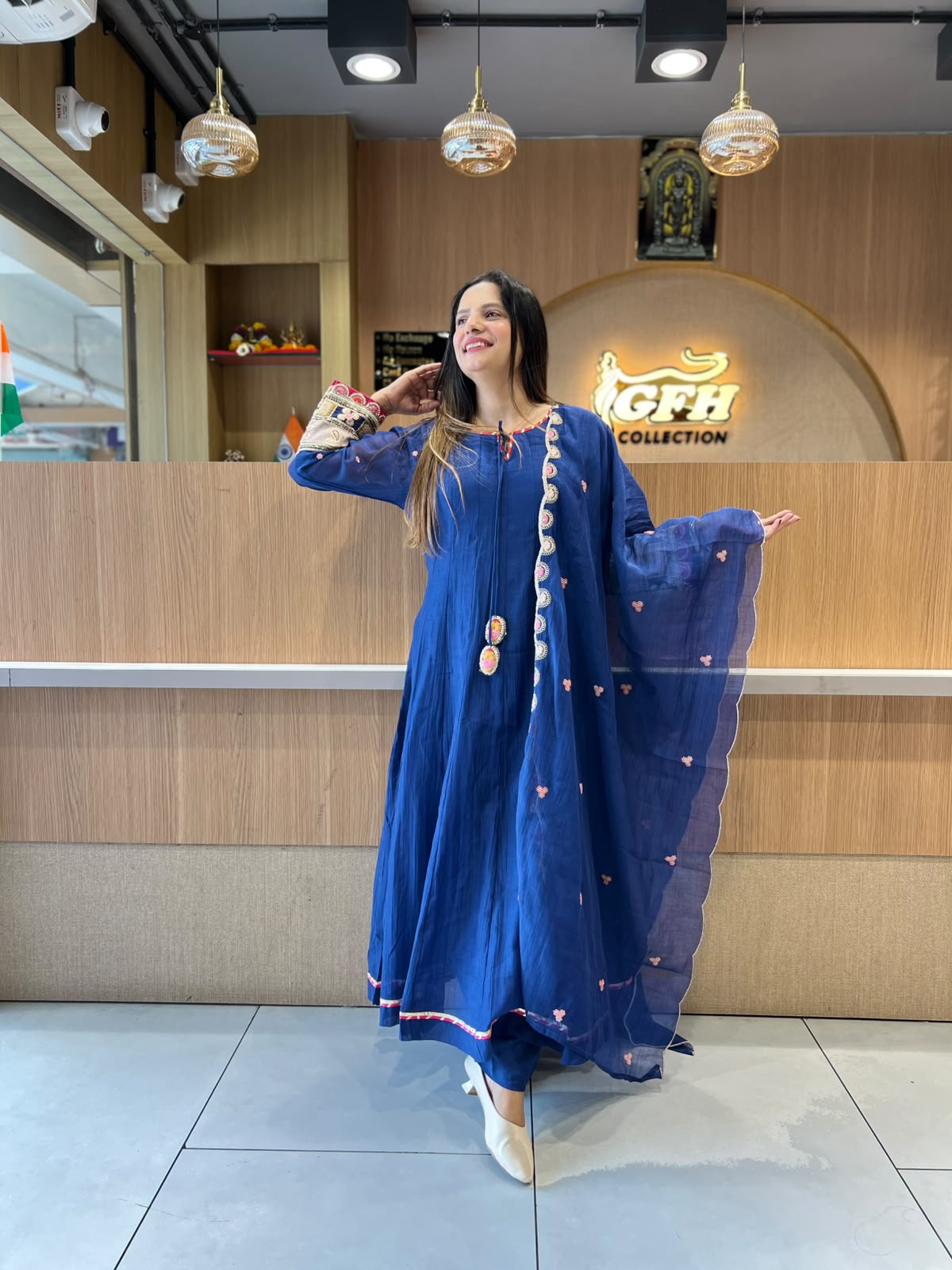 Pure Banaras Mull Chanderi Royal Blue 3pc Set