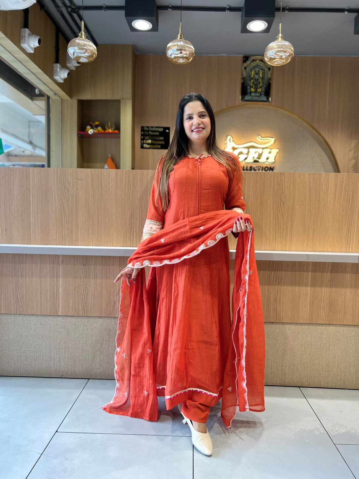 Pure Banaras Mull Chanderi Orange  3pc Set