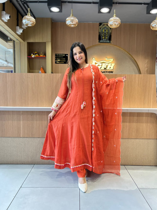 Pure Banaras Mull Chanderi Orange  3pc Set