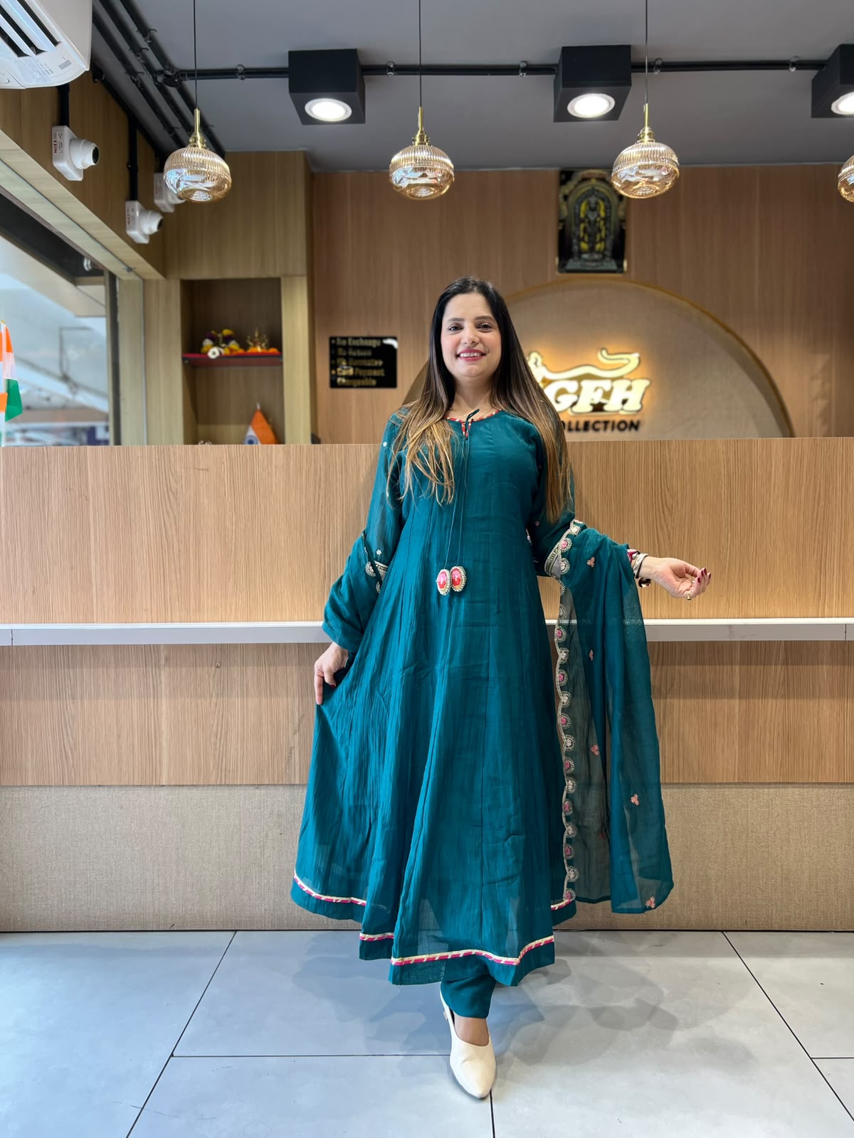 Pure Banaras Mull Chanderi Rama Green 3pc Set