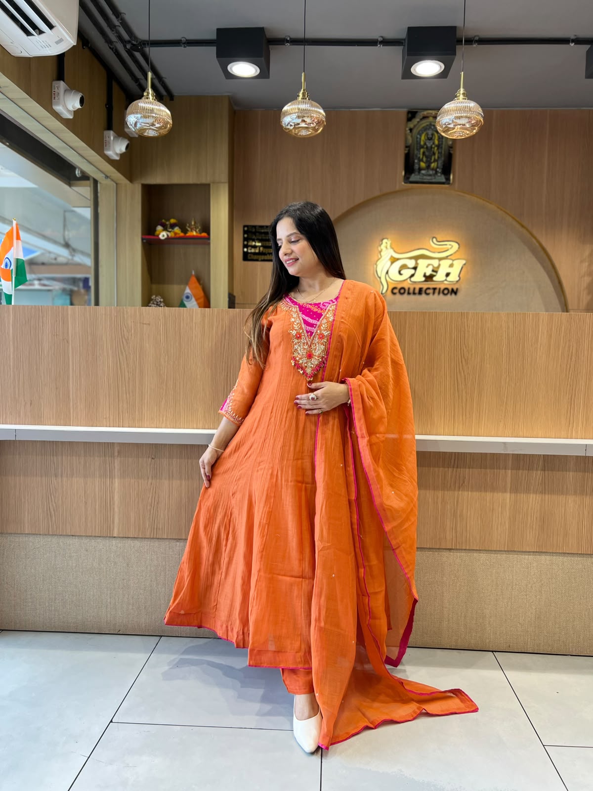Pure Banaras Mull Chanderi Orange 3pc Set