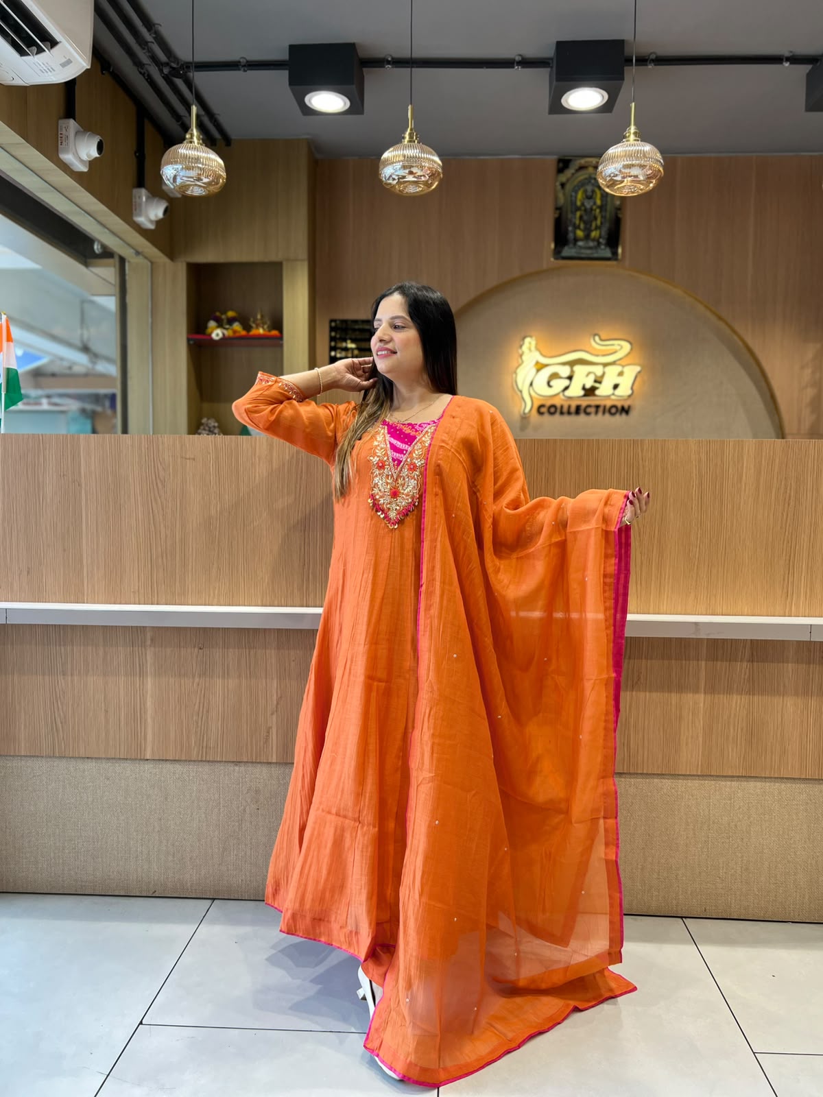 Pure Banaras Mull Chanderi Orange 3pc Set