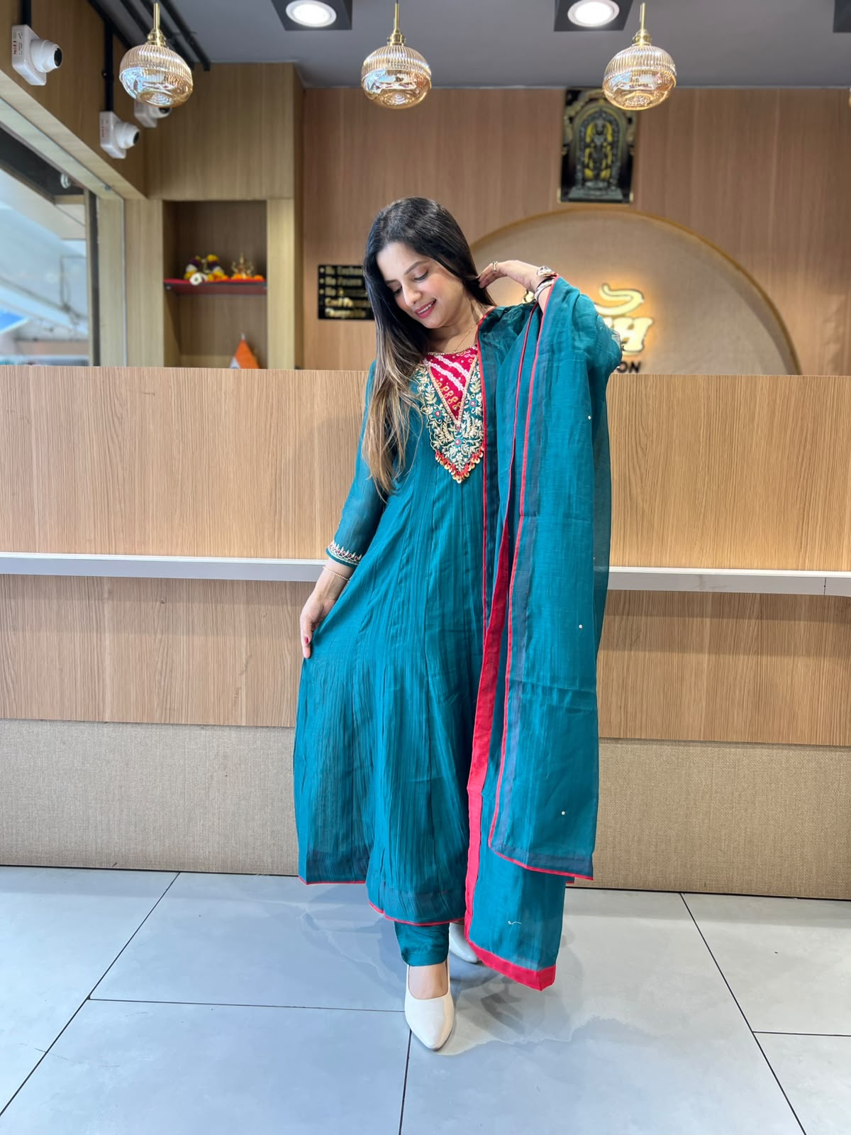 Pure Banaras Mull Chanderi Rama Green 3pc Set