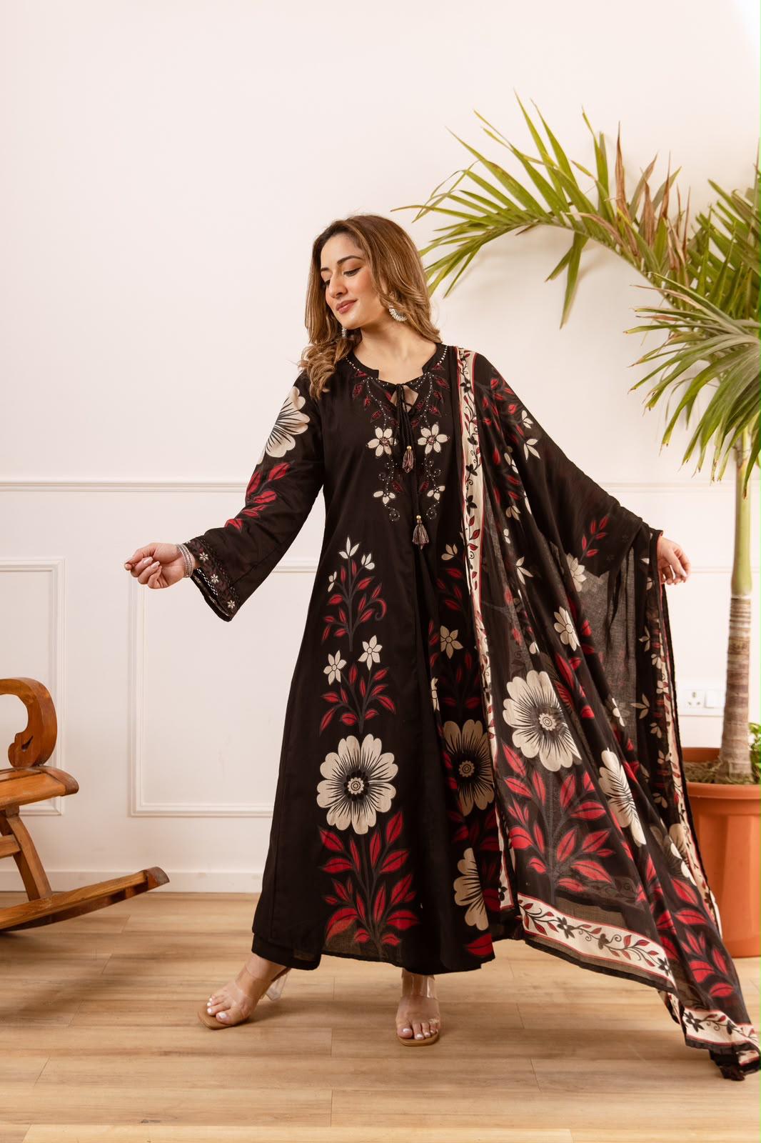 Pure Cotton Black Anarkali 3pc Set