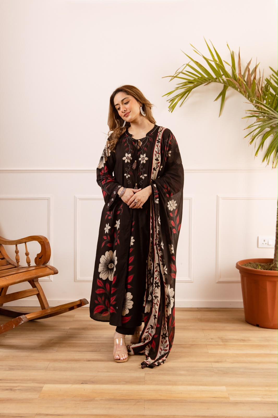 Pure Cotton Black Anarkali 3pc Set