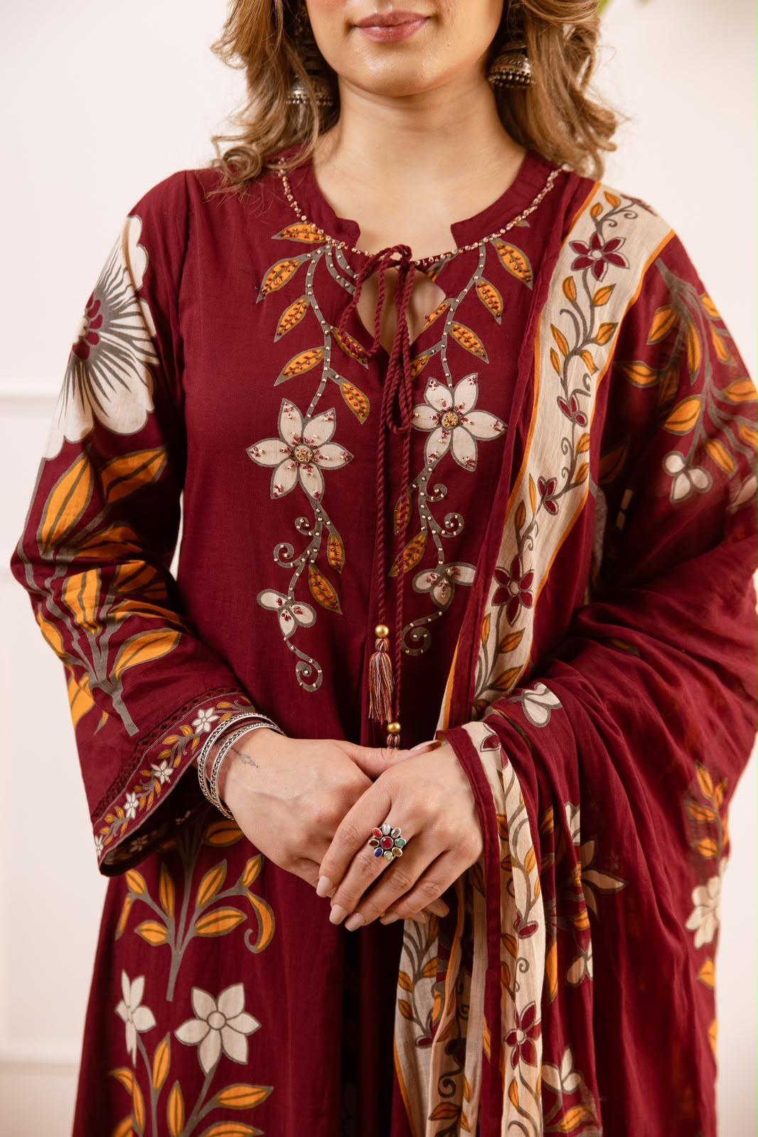 Pure Cotton Maroon Anarkali 3pc Set