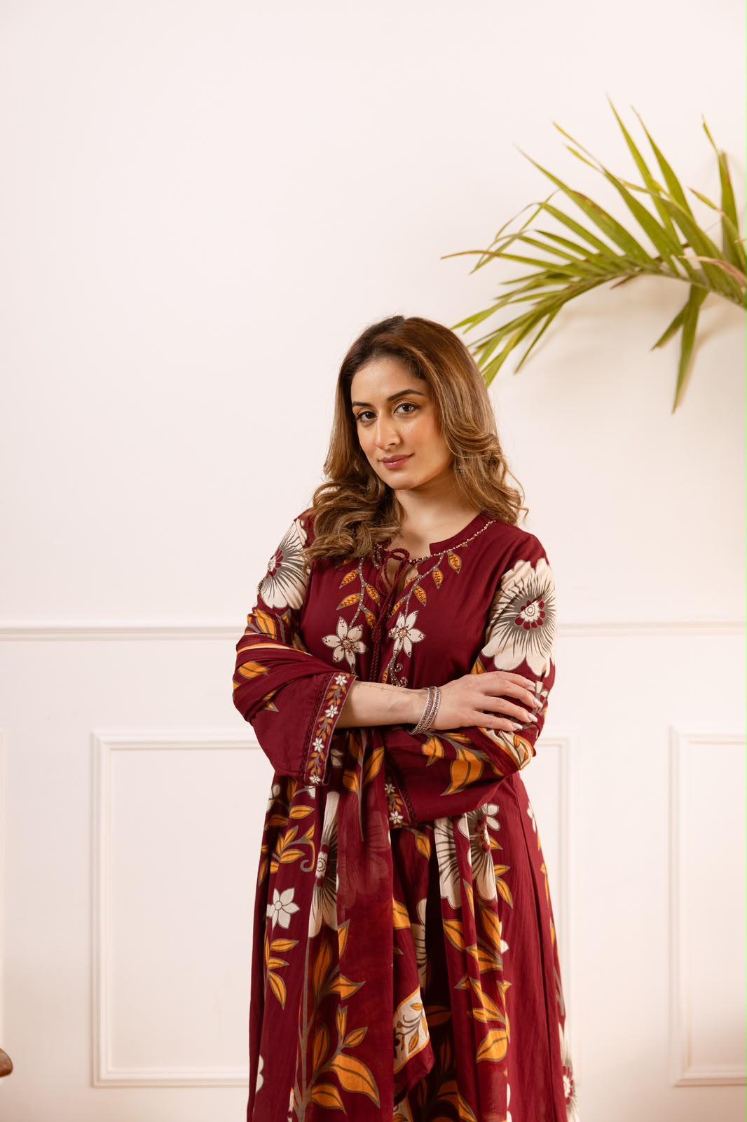 Pure Cotton Maroon Anarkali 3pc Set