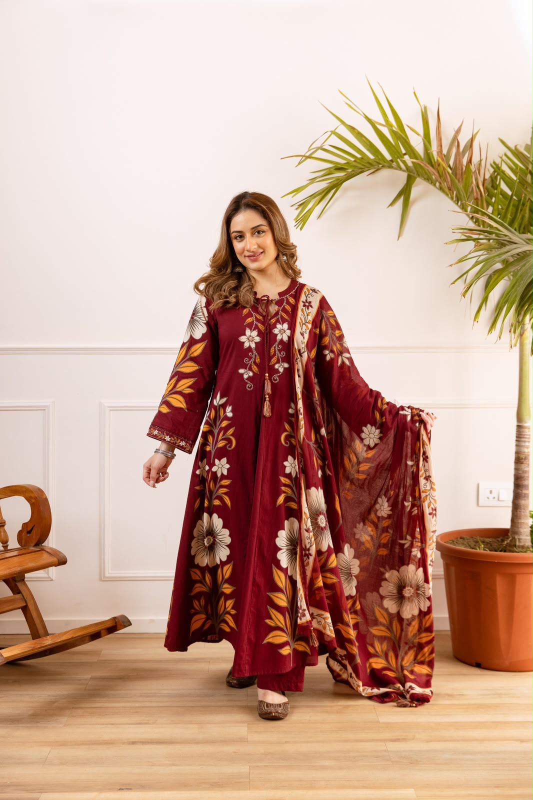 Pure Cotton Maroon Anarkali 3pc Set