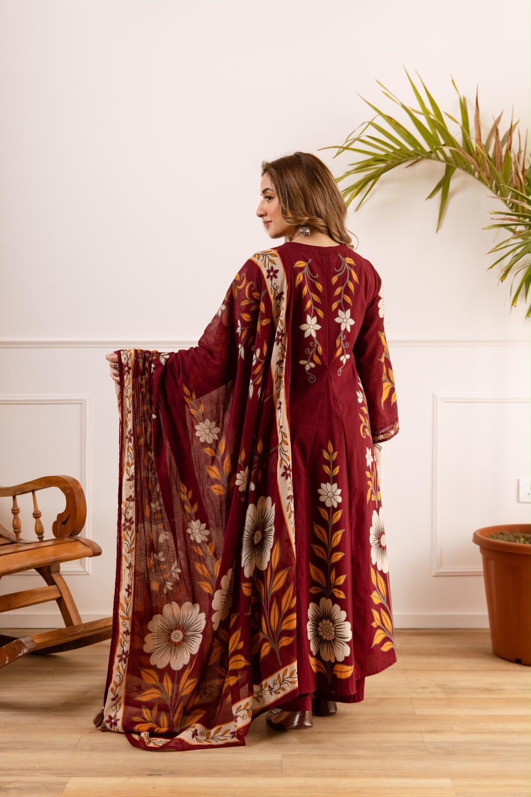 Pure Cotton Maroon Anarkali 3pc Set